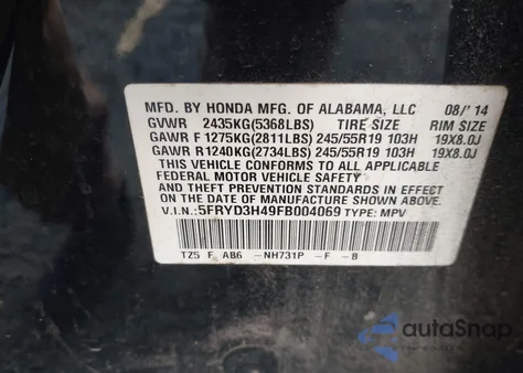 2015 Acura Mdx Technology Package z USA, uszkodzony, nr VIN 5FRYD3H49FB004069